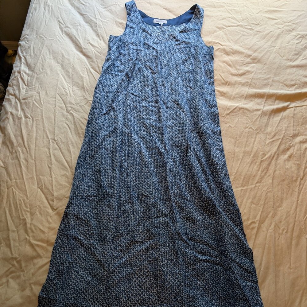 DKNY Blue and White Micro Print Sleeveless Maxi Dress